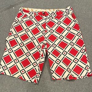 Loudmouth golf shorts, size 34. White, red and black, 10 inch length.